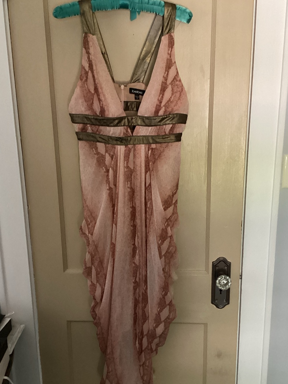 bebe Pink Snake-Print Asymmetrical Evening Dress with Brown Trim
